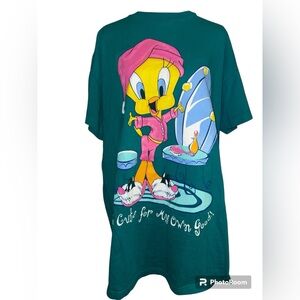 Vintage 90s Looney Tunes Tweety Bird T-Shirt ONE SIZE FITS MISSES Teal 1998